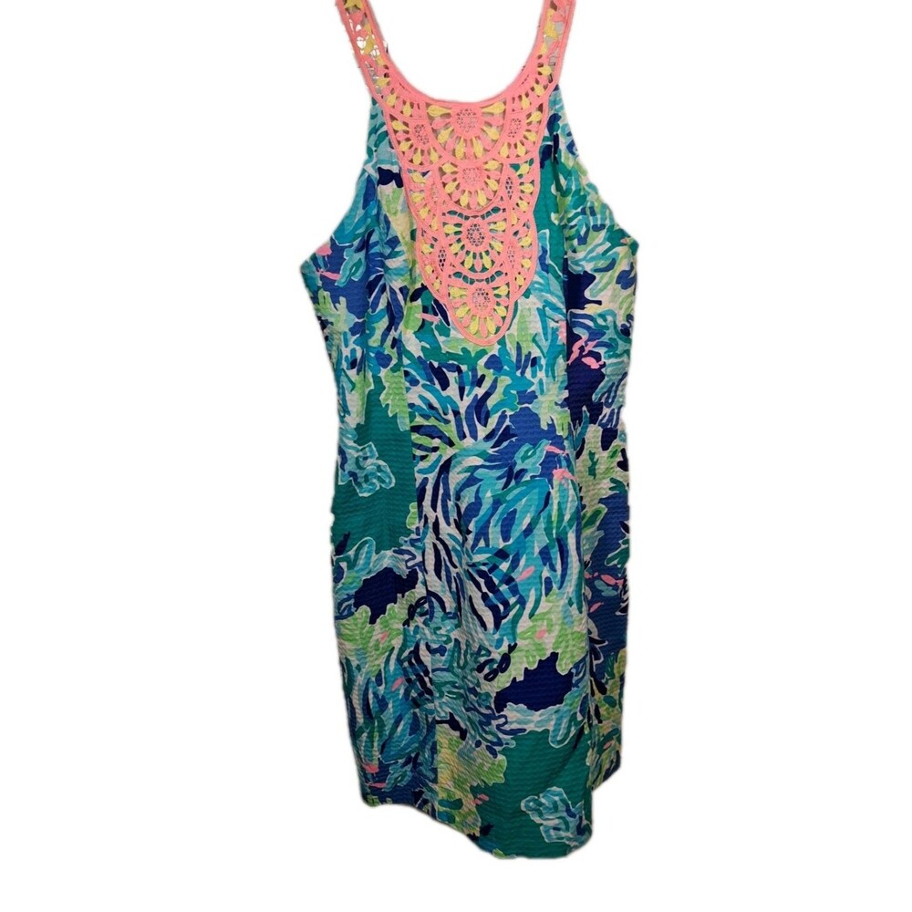 Lilly Pulitzer Women's Dress Printed Pearl Brilliant Lace Neck Beach Coastal 2